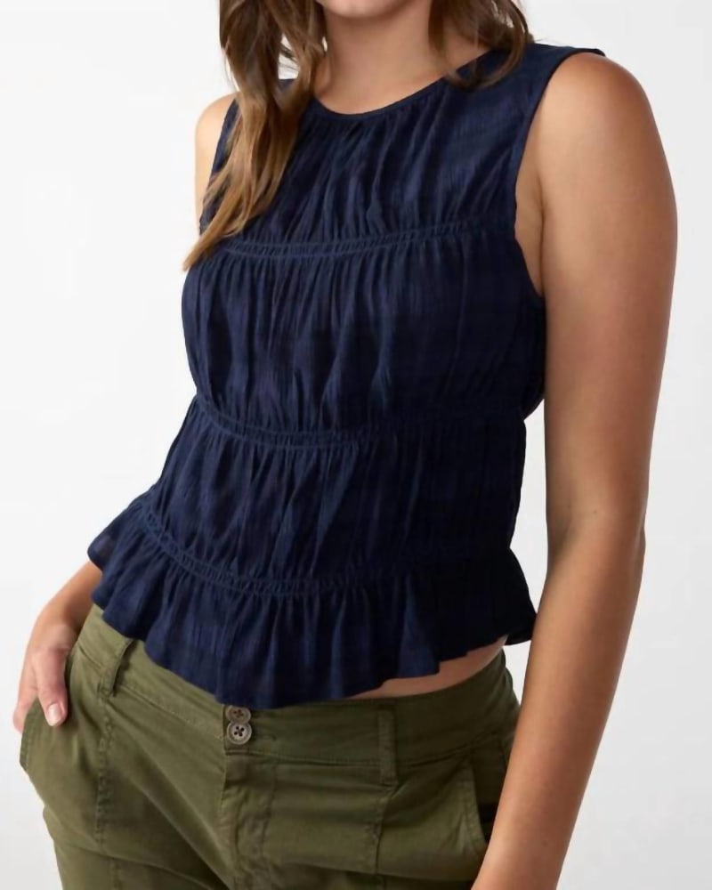 Front of a model wearing a size L Sleeveless Soft Smock Top in Navy in Navy by Sanctuary. | dia_product_style_image_id:327118